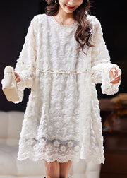 Loose White Solid Embroideried Nail Bead Lace Mid Dress Spring