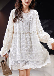 Loose White Solid Embroideried Nail Bead Lace Mid Dress Spring