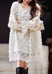 Loose White Solid Embroideried Nail Bead Lace Mid Dress Spring