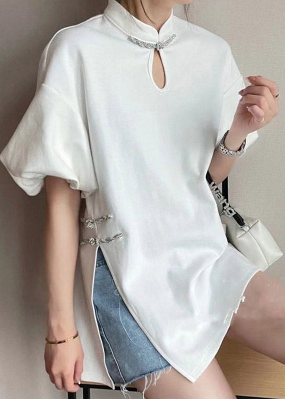 Loose White Stand Collar Button Side Open Silk Shirt Lantern Sleeve