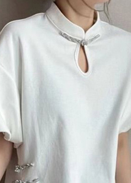 Loose White Stand Collar Button Side Open Silk Shirt Lantern Sleeve