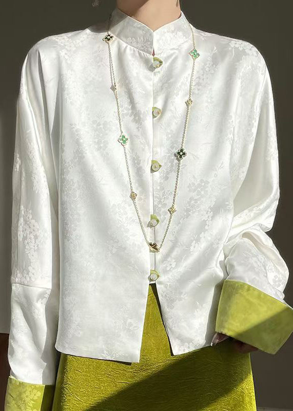 Loose White Stand Collar Button Silk Shirt Long Sleeve