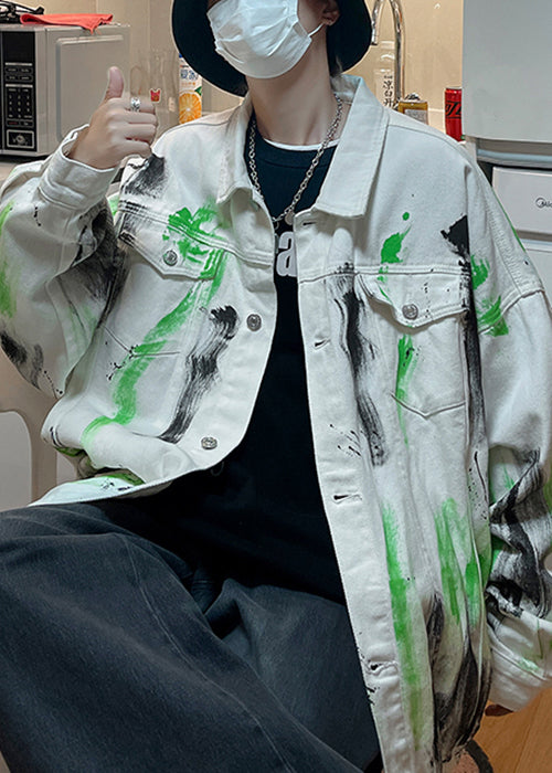 Loose White Tie Dye Button Denim Men Coat Fall