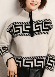 Loose White Turtleneck Print Knit Zippered Cashmere Top Long Sleeve