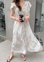 Loose White V Neck Asymmetrical Patchwork Wrinkled Dot Maxi Dress Short Sleeve