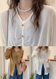 Loose White V Neck Wrinkled Cotton Shirts Fall