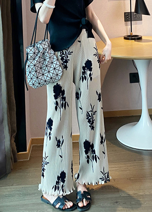 Loose White Wrinkled Print High Waist Cotton Crop Pants Spring