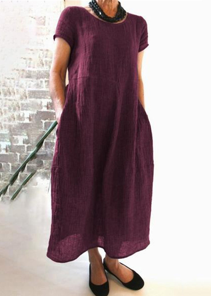 Loose Wine Red O Neck Pockets Cotton Dress Summer