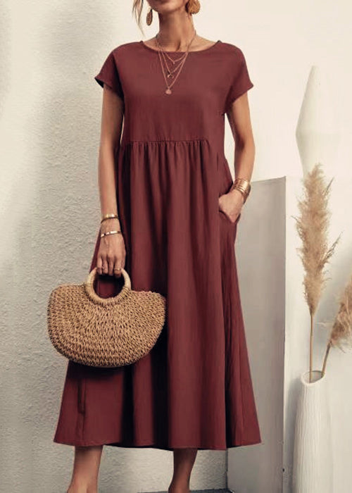 Loose Wine Red O Neck Pockets Solid Cotton Long Dresses Summer