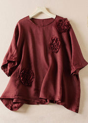 Loose Wine Red O-Neck Rose Floral Linen T Shirt Top Summer