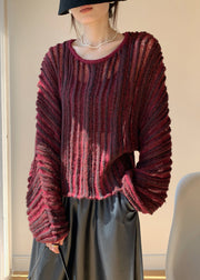 Loose Wine Red O Neck Striped Knit Sweaters Winter