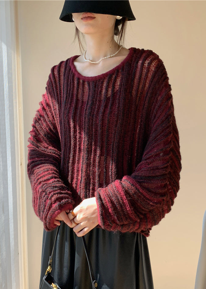 Loose Wine Red O Neck Striped Knit Sweaters Winter