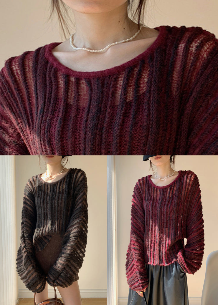 Loose Wine Red O Neck Striped Knit Sweaters Winter