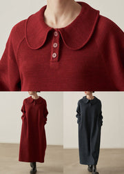 Loose Wine Red Pockets Cozy  Cotton Knit Long Dresses Fall