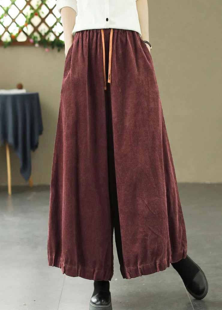 Loose Wine Red Pockets Elastic Waist Corduroy Pants Spring