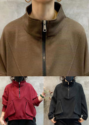 Loose Wine Red Zip Up Pockets Patchwork Warm Fleece Sweatshirts Fall