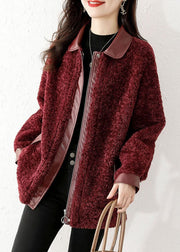 Loose Wine Red Zippered Patchwork Teddy Faux Fur Coat Winter