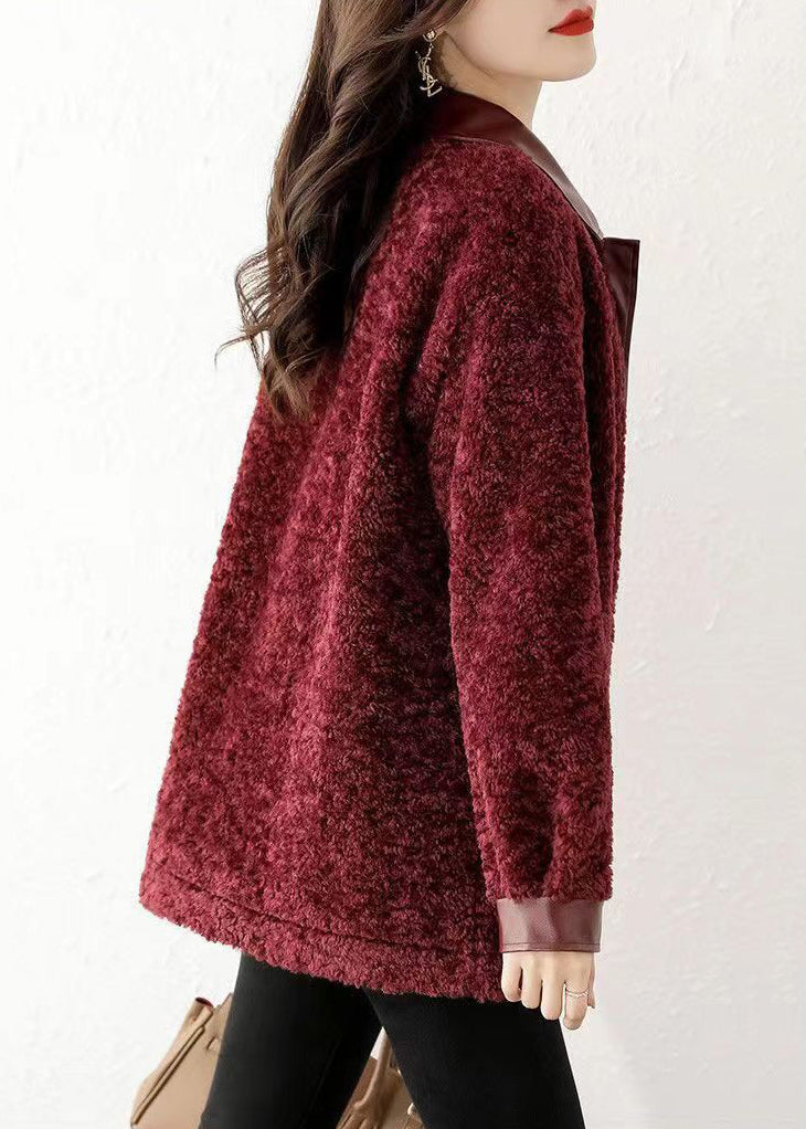 Loose Wine Red Zippered Patchwork Teddy Faux Fur Coat Winter