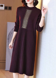 Loose Wine Red Zircon Wrinkled Cotton Knit Dress Long Sleeve