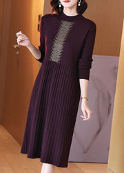 Loose Wine Red Zircon Wrinkled Cotton Knit Dress Long Sleeve