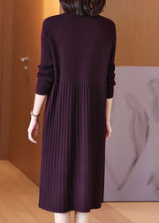 Loose Wine Red Zircon Wrinkled Cotton Knit Dress Long Sleeve