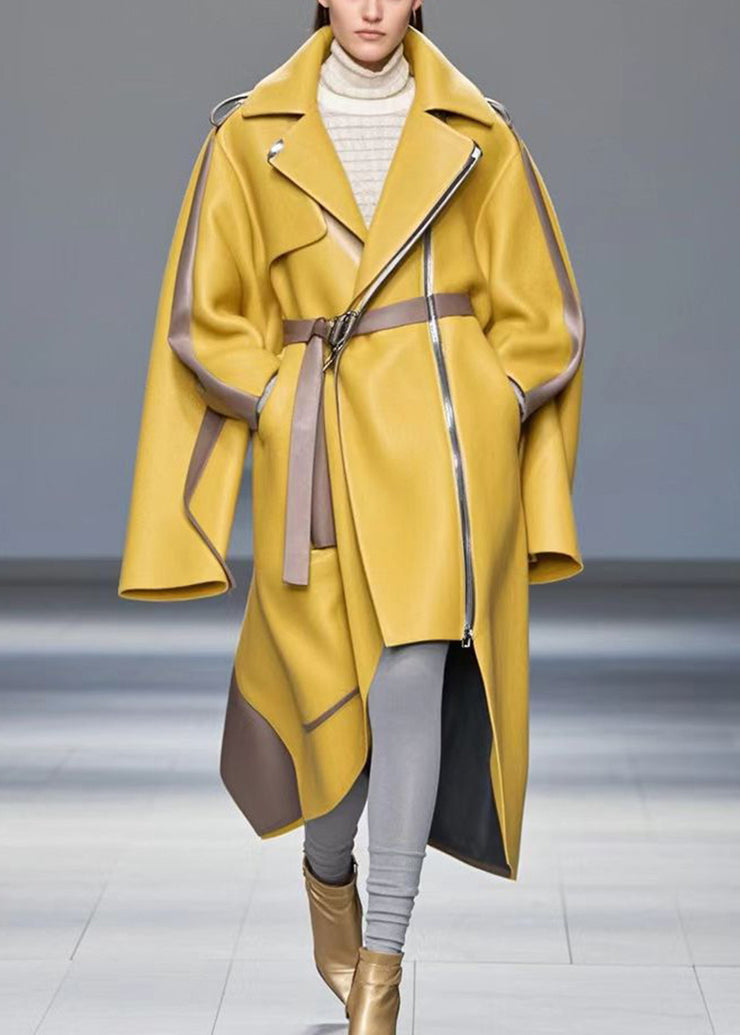 Loose Yellow Asymmetrical Patchwork Faux Leather Coat Fall