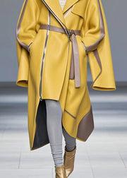 Loose Yellow Asymmetrical Patchwork Faux Leather Coat Fall