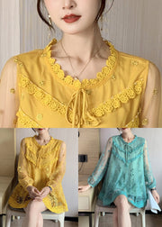 Loose Yellow Embroidered Lace Up Patchwork Lace Top Spring