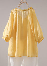 Loose Yellow Embroidered Ruffled Linen T Shirt Half Sleeve