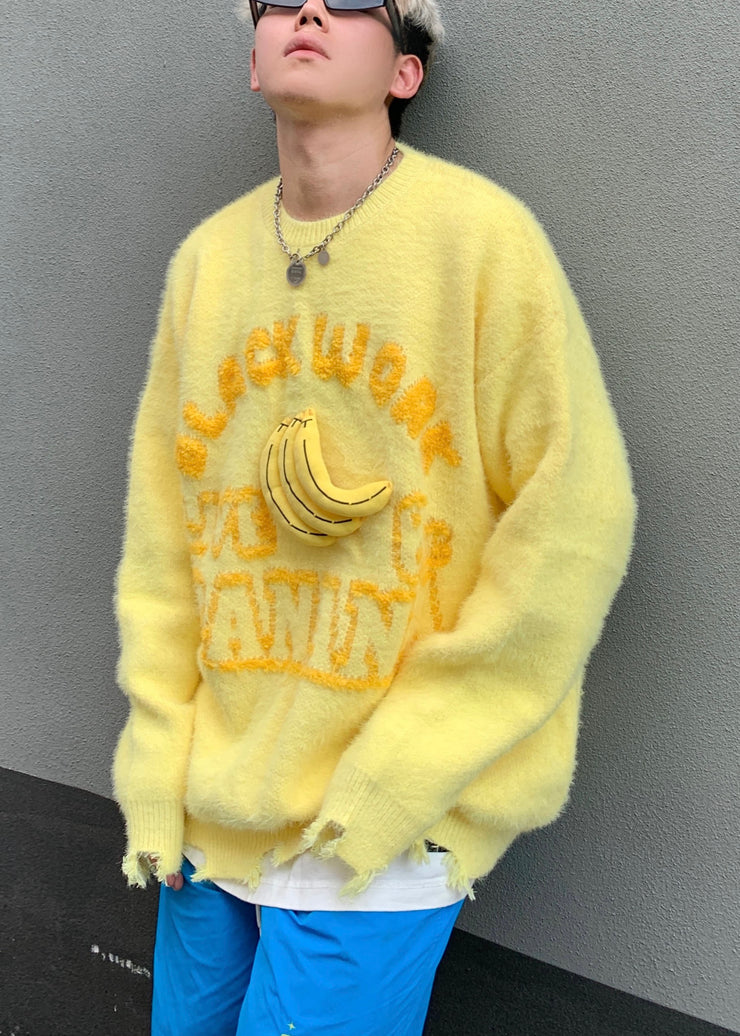 Loose Yellow Letter Cozy Patchwork Cotton Knit Sweater Winter