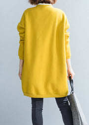 Loose Yellow O Neck Button Pockets Patchwork Thick Coat Fall