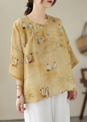 Loose Yellow O Neck Button Print Linen Shirts Batwing Sleeve