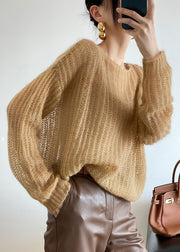 Loose Yellow O Neck Hollow Out Knit Sweaters Winter