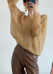 Loose Yellow O Neck Hollow Out Knit Sweaters Winter