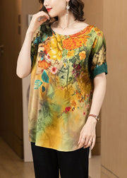 Loose Yellow O Neck Print Patchwork Silk T Shirt Summer