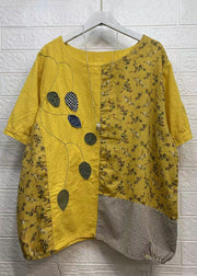 Loose Yellow O Neck Print Patchwork T Shirts Cotton Summer