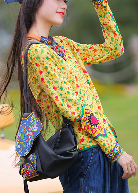 Loose Yellow O-Neck Print Top Long Sleeve