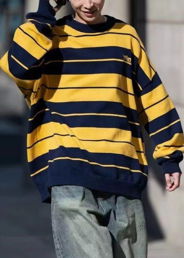 Loose Yellow O Neck Striped Knit Mens Sweaters Winter