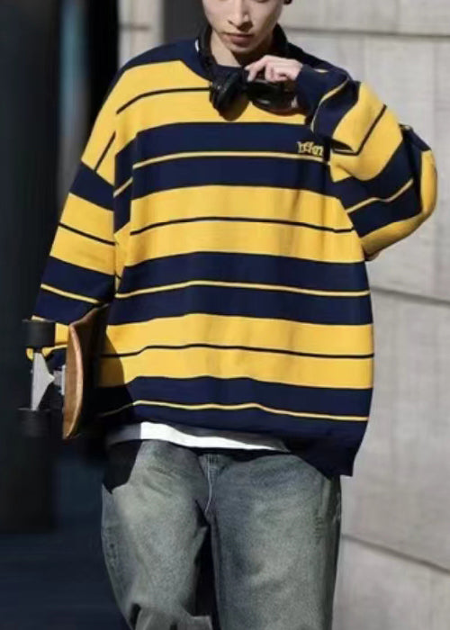 Loose Yellow O Neck Striped Knit Mens Sweaters Winter