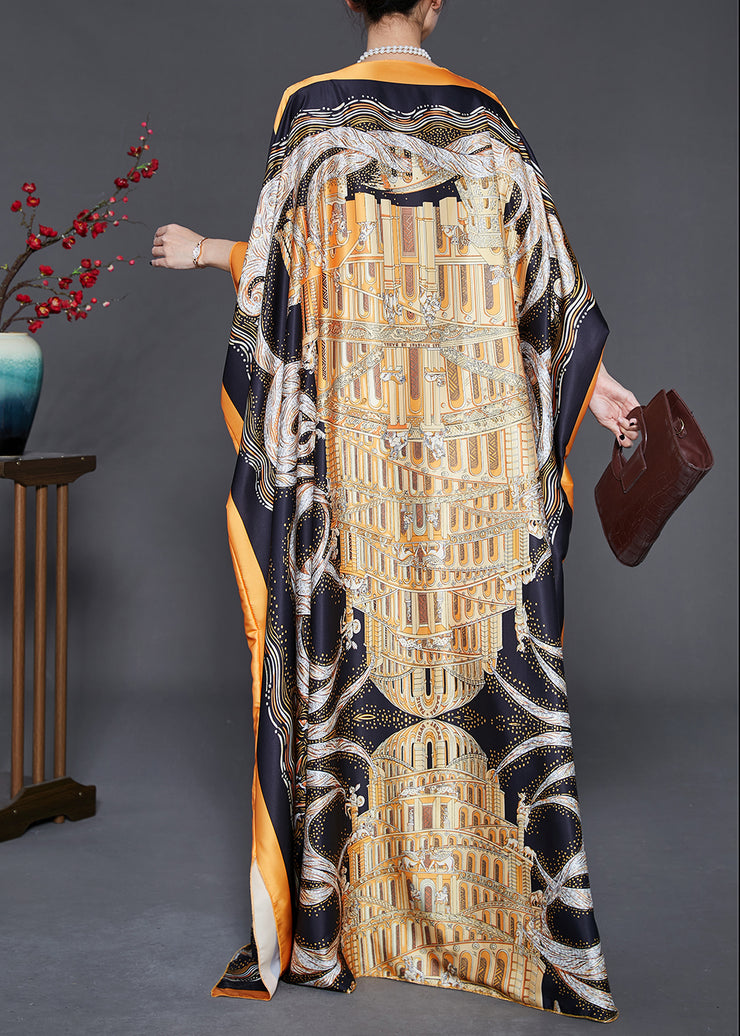 Loose Yellow Oversized Print Silk Beach Dress Batwing Sleeve