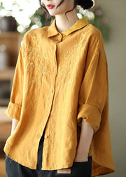 Loose Yellow Peter Pan Collar Embroideried Linen Shirts Long Sleeve