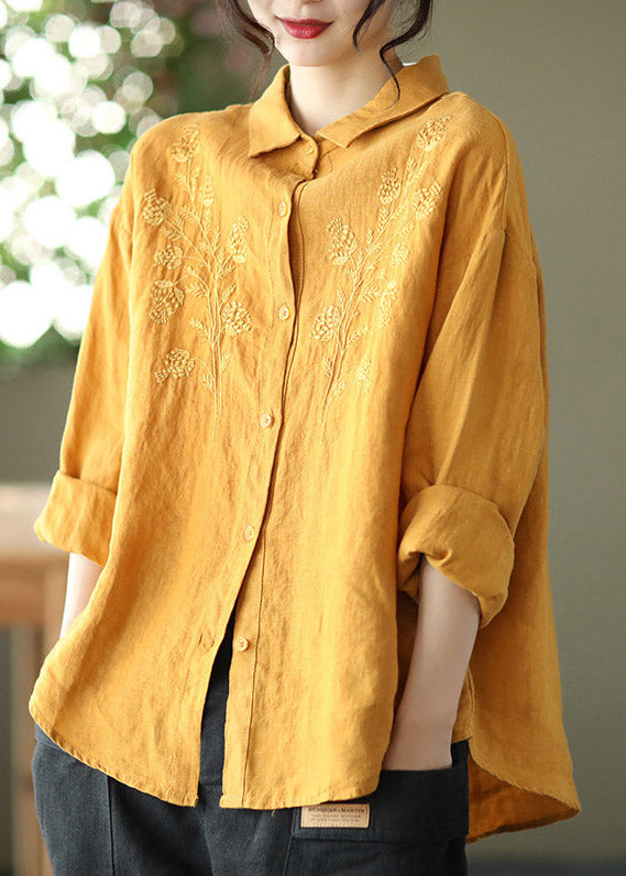 Loose Yellow Peter Pan Collar Embroideried Linen Shirts Long Sleeve