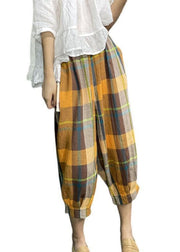 Loose Yellow Pockets Plaid Wrinkled Cotton Lantern Pants Summer