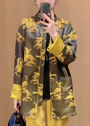 Loose Yellow Print Button Pockets Silk Shirts Long Sleeve