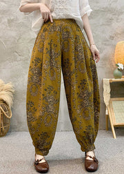 Loose Yellow Print Pockets Cotton Crop Pants Summer