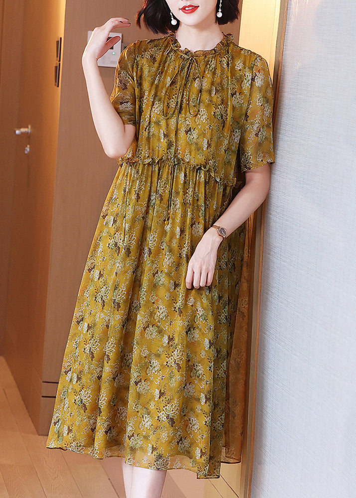 Loose Yellow Ruffled Lace Up Print Silk Dress Summer