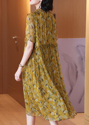 Loose Yellow Ruffled Lace Up Print Silk Dress Summer