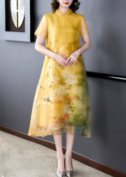 Loose Yellow Stand Collar Button Print Silk Long Dress Summer