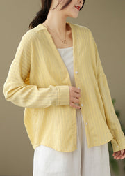 Loose Yellow V Neck Button Patchwork Cotton Shirts Coat Fall