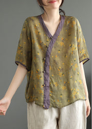 Loose Yellow V Neck Button Ramie Top Summer